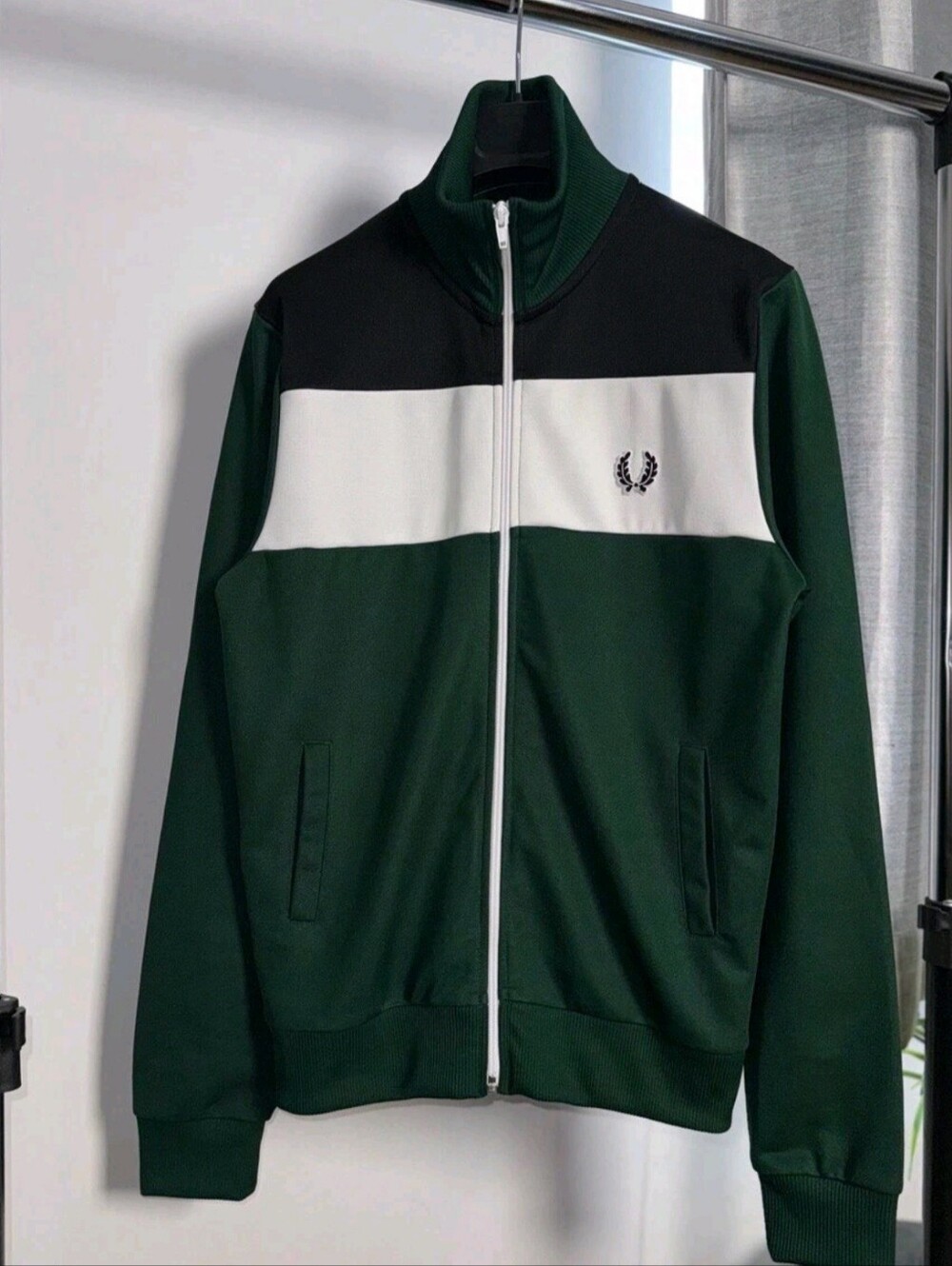 Fred Perry Dark Green, Black & White Zip-Up Track Jacket Small